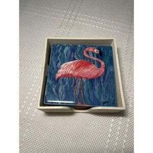 Flamingo Coasters Set of 4 with Holder Tropical Drink‎ Coasters